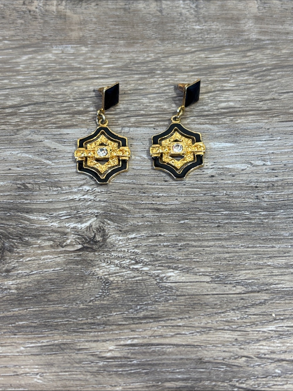 Gold and Black Drop Earrings with Crystal Accent
